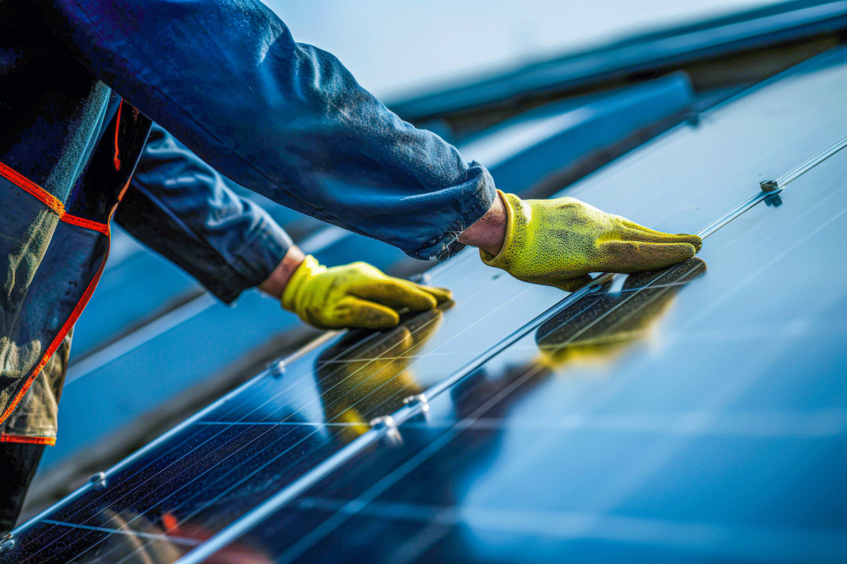 Dos manos con guantes amarillos instalando un sistema solar en el tejado de un almacén