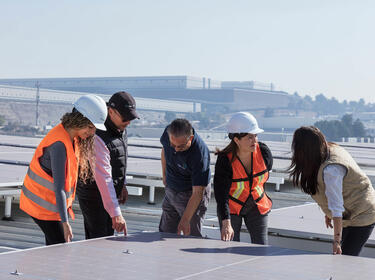 Trabajadores mirando sobre paneles solares